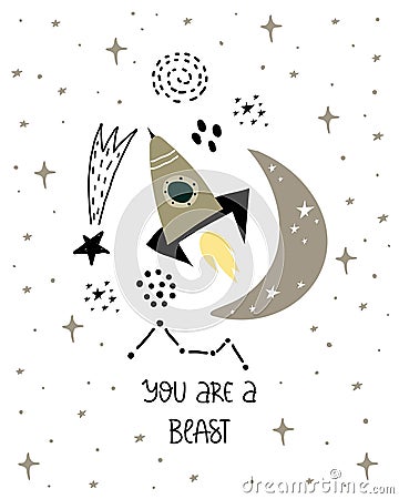 You are a blast. Cartoon spaceship, moon, stars, hand drawing lettering. Vector Illustration